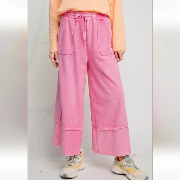 New! Easel Hot Pink Legs Up Washed Terry Knit Wide Leg Palazzo Pants M - Picture 2 of 3